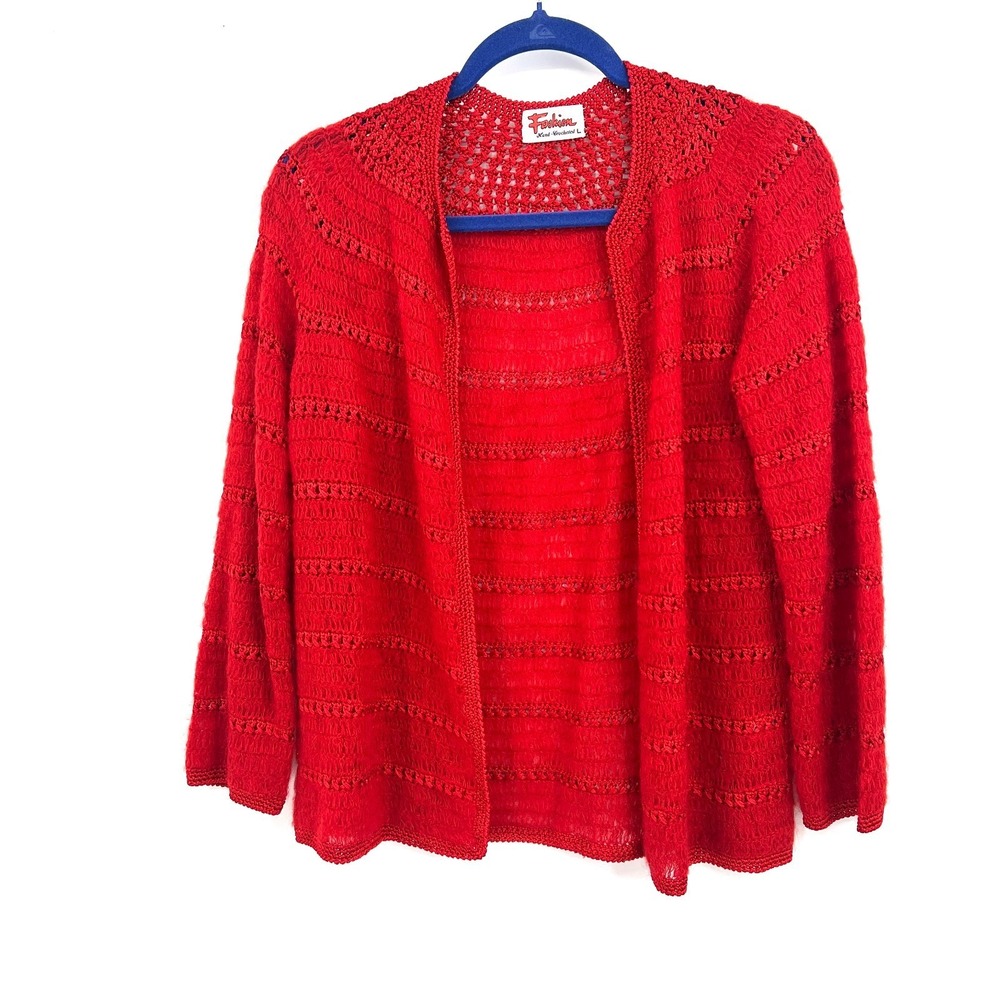 Hand Crocheted mohair cardigan sweater bright cherry red open front artsy L